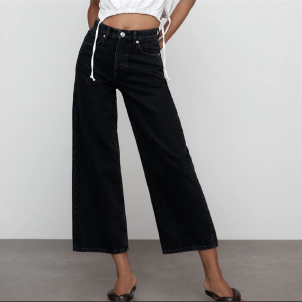 Zara WIDE LEG High Rise Button Fly Black Jeans